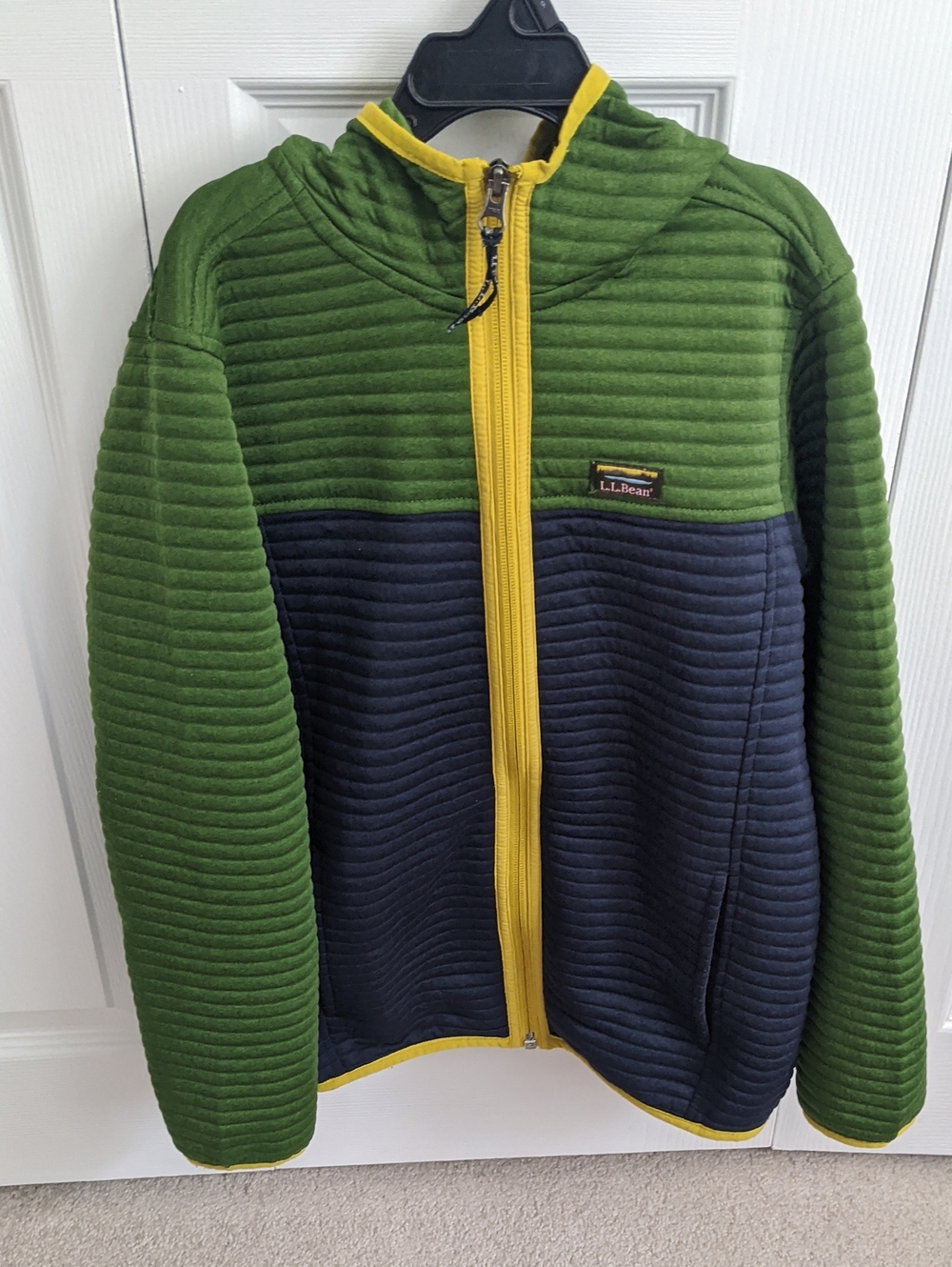 L.L. Bean Youth Size 10-12 Green and Navy Quilted Zip Hoodie with Yellow Trim